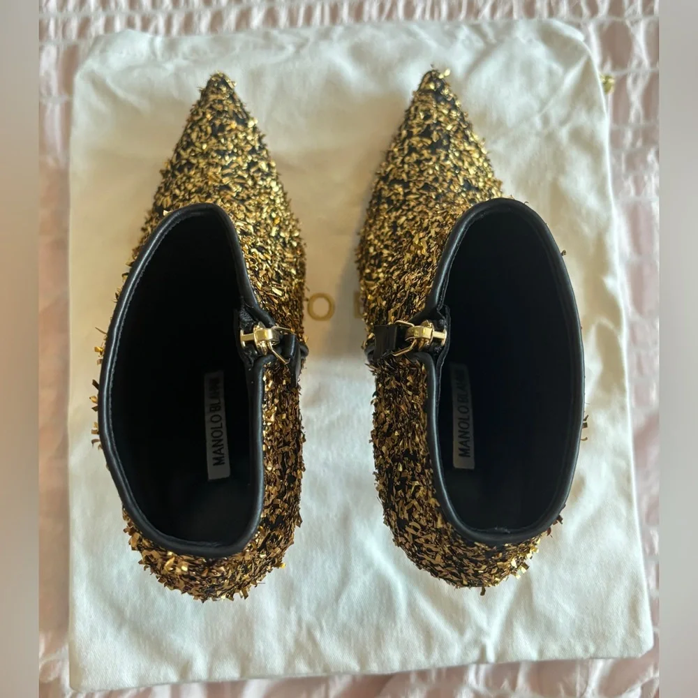 NWT • Manolo Blahnik • Pluta Pointed Toe Bootie • Black and Gold Tinsel • 37 EU - Picture 6 of 10